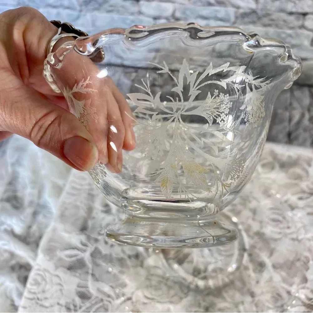 Vintage Crystal Condiment Bowl with Matching Saucer Set of Two